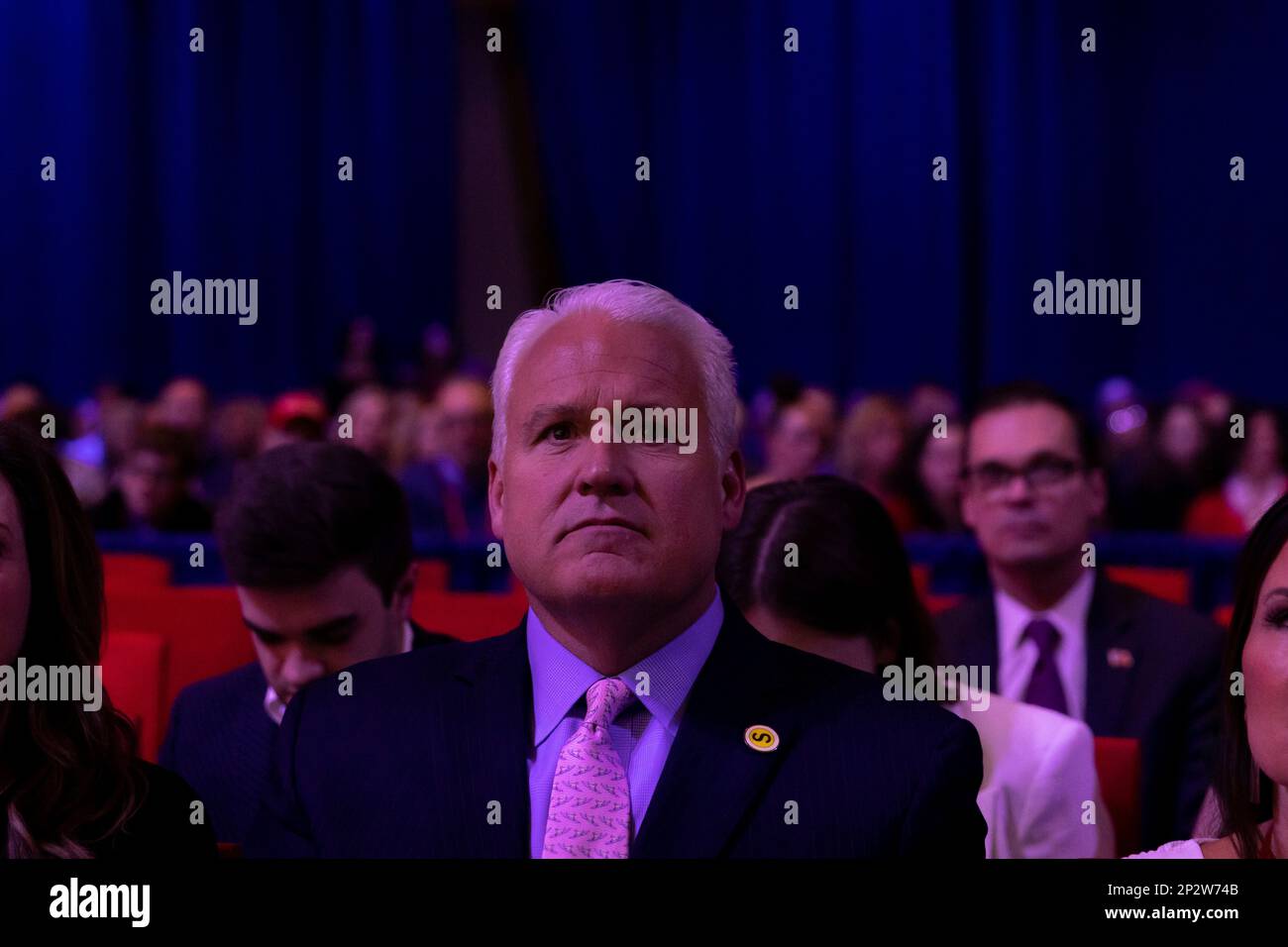 National Harbor, Maryland, USA. 4th Mar, 2023. Chairman of the American Conservative Union Matt Schlapp listens to former President of Brazil Jair Bolsonaro speak at the 2023 Conservative Political Action Conference (CPAC) in National Harbor, Maryland, U.S., on Saturday, March 4, 2023. Credit: Julia Nikhinson/CNP/dpa/Alamy Live News Stock Photo