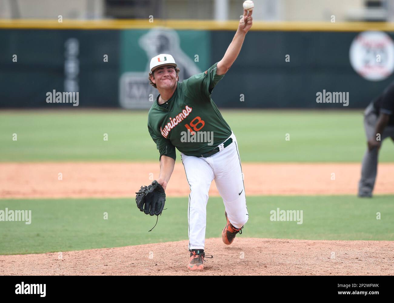 06 June 2015: University of Miami left handed pitcher Michael Mediavilla (18)  pitches against Virginia Commonwealth University at Alex Rodriguez Park at  Mark Light Field, Coral Gables, Florida, in Miami's 10-3 victory,