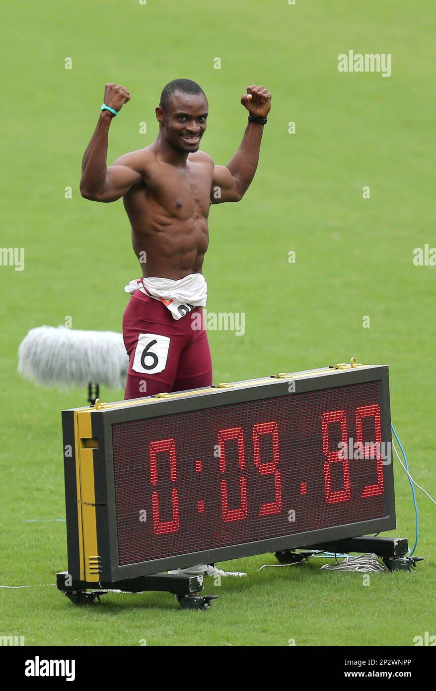 Femi Ogunode of Qatar poses to celebrate after winning the men's 100m and  breaking his previous Asian record during the 21st Asian Athletics  Championships in Wuhan city, central China's Hubei province, 4
