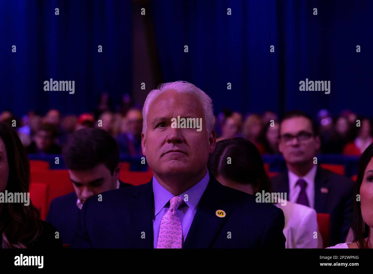 Oxon Hill, United States. 04th Mar, 2023. Chairman of the American Conservative Union Matt Schlapp listens to former President of Brazil Jair Bolsonaro speak at the 2023 Conservative Political Action Conference (CPAC) in National Harbor, Maryland, U.S., on Saturday, March 4, 2023. Credit: Julia Nikhinson/CNP/Sipa USA Credit: Sipa USA/Alamy Live News Stock Photo