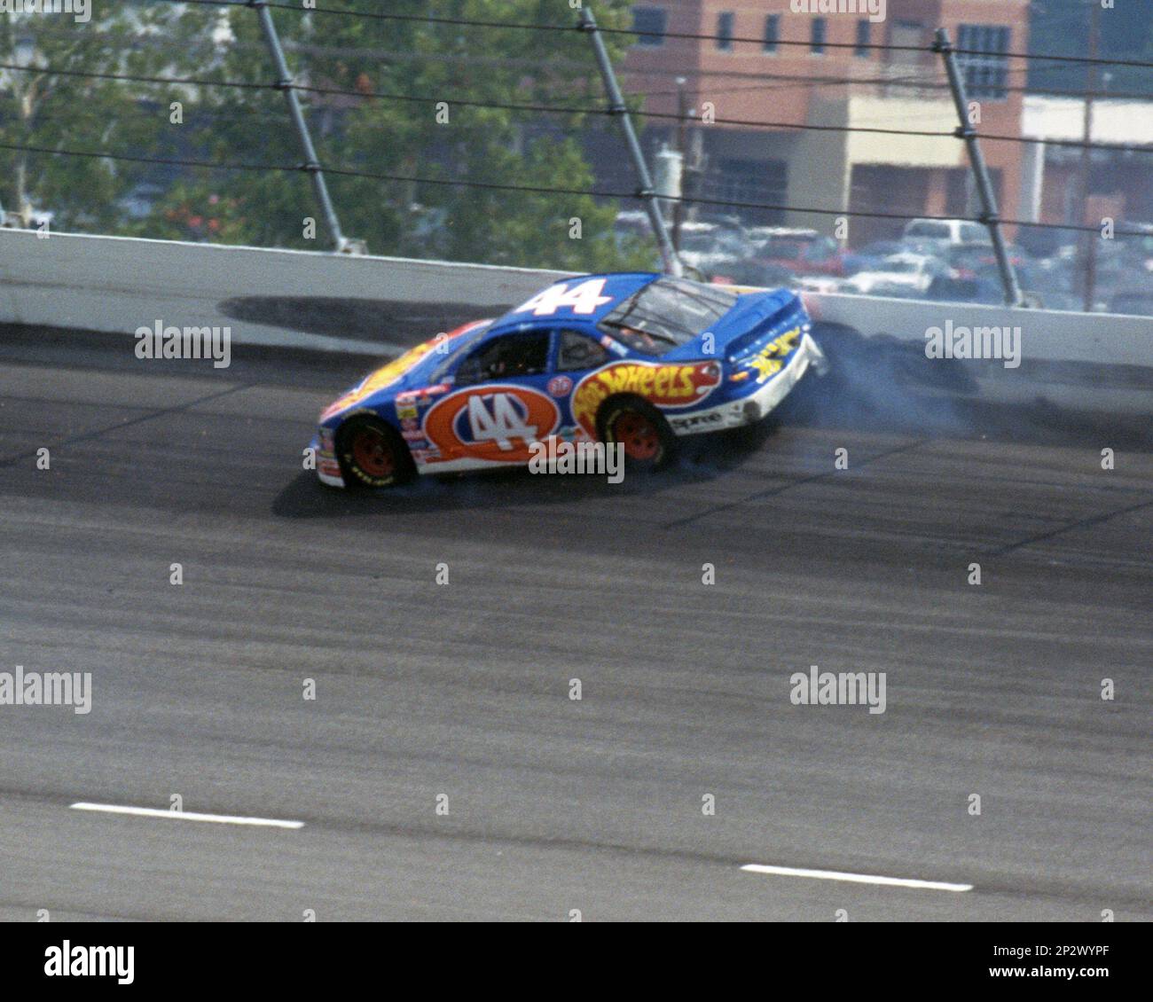Race car driver Kyle Petty hits a wall in the 44 car in 1997. (AP