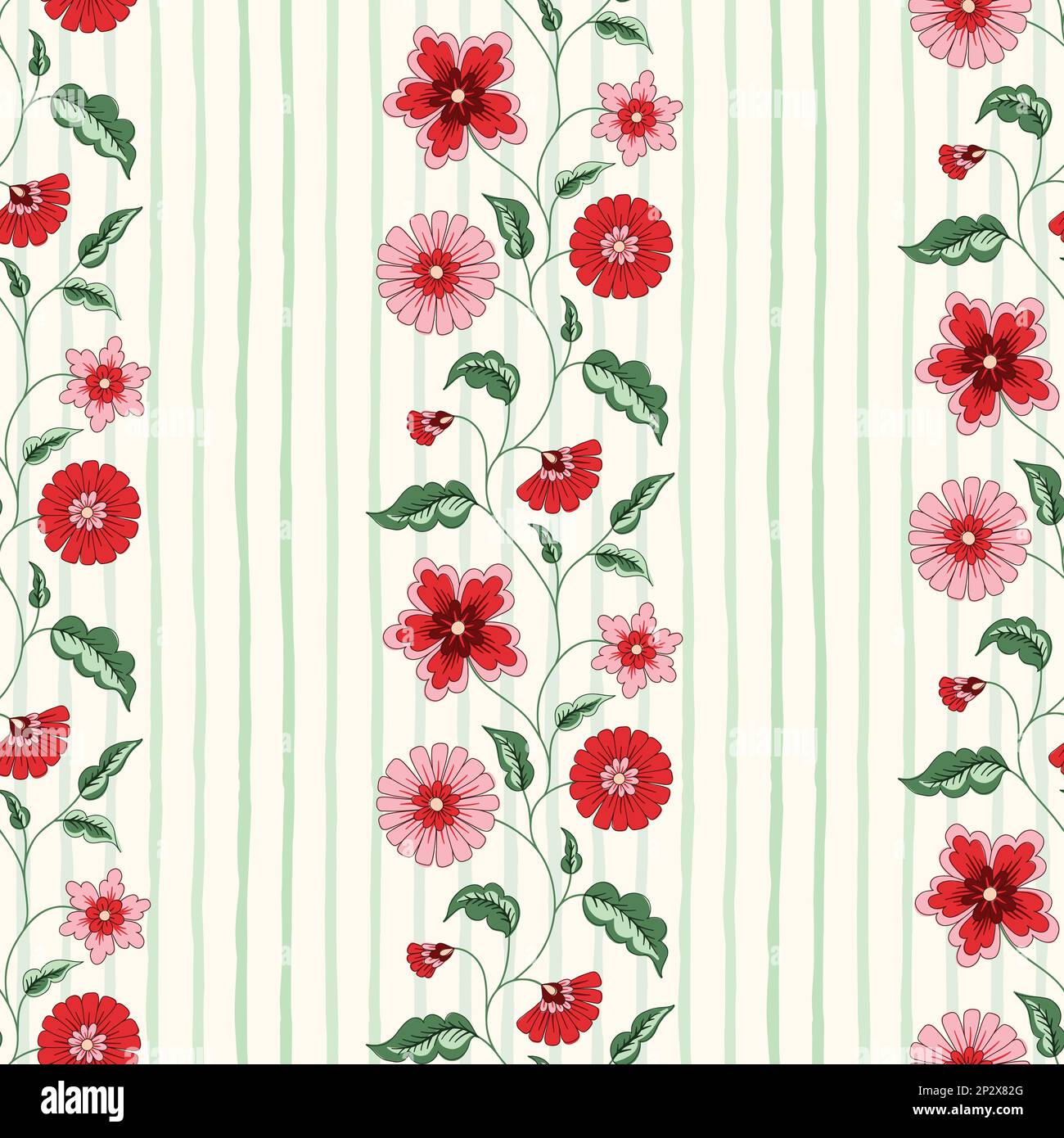 Indian Chintz Flowers and Vertical Stripes Vector Seamless Pattern Stock Vector