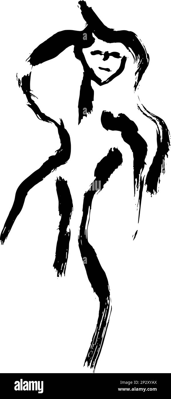 Abstract Dry Brush Artwork Girl with Long Hair Silhouette Stock Vector