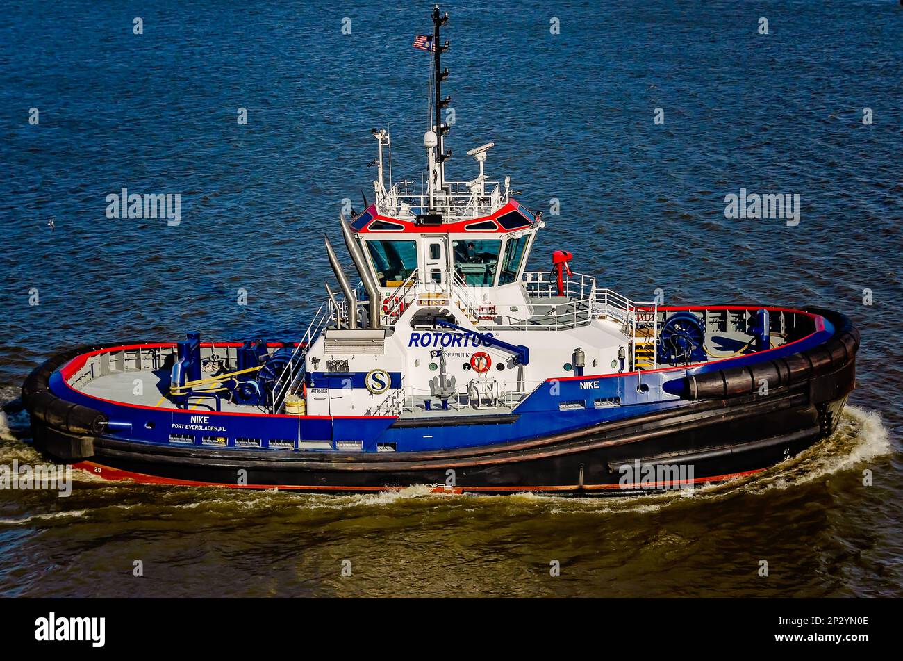 Nike, a Rotortug tugboat owned by Seabulk Towing, travels along the Mobile River near the Port of Mobile, March 4, 2023, in Mobile, Alabama. Stock Photo