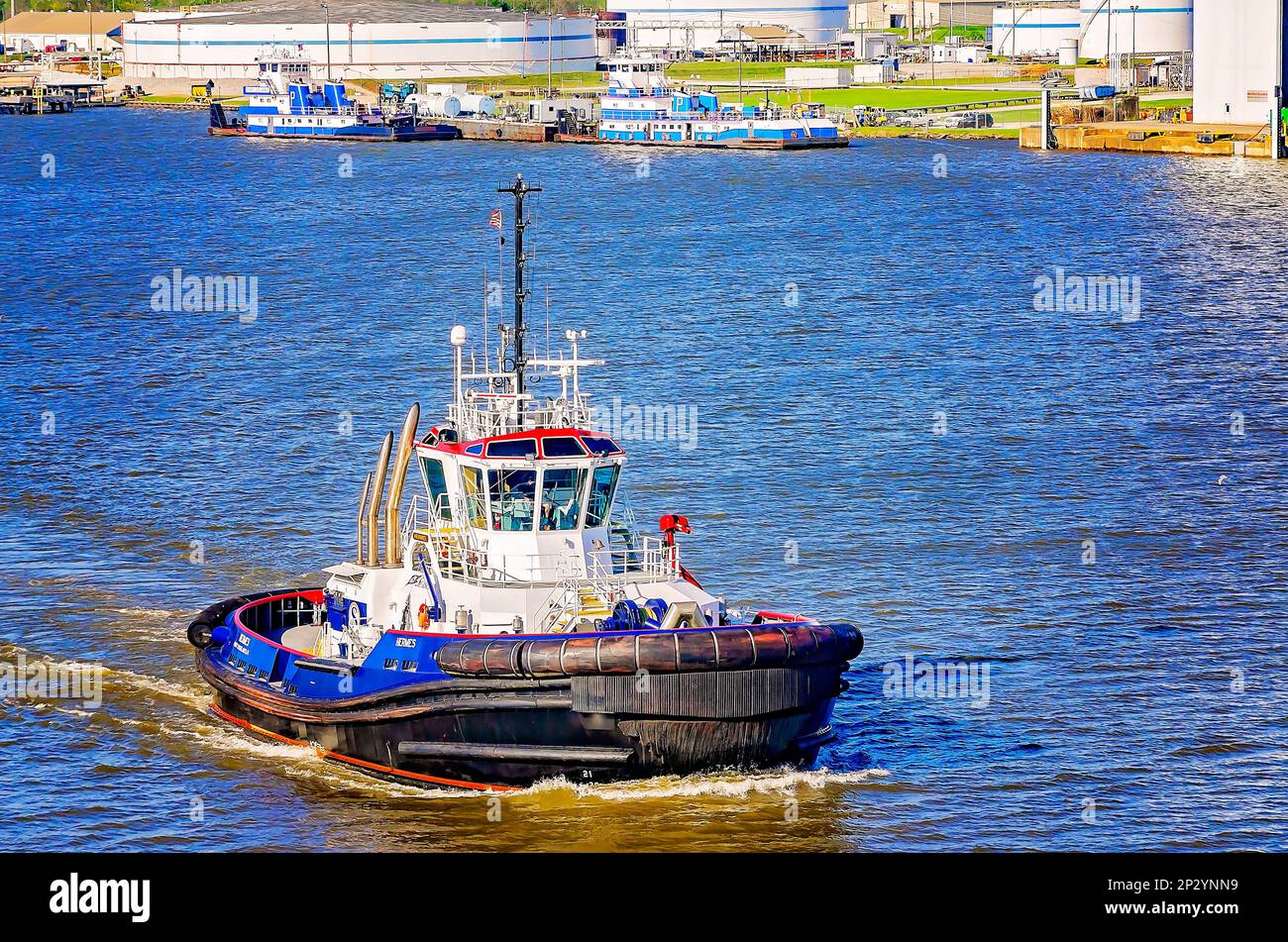 Hermes, a Rotortug tugboat owned by Seabulk Towing, travels along the Mobile River near the Port of Mobile, March 4, 2023, in Mobile, Alabama. Stock Photo