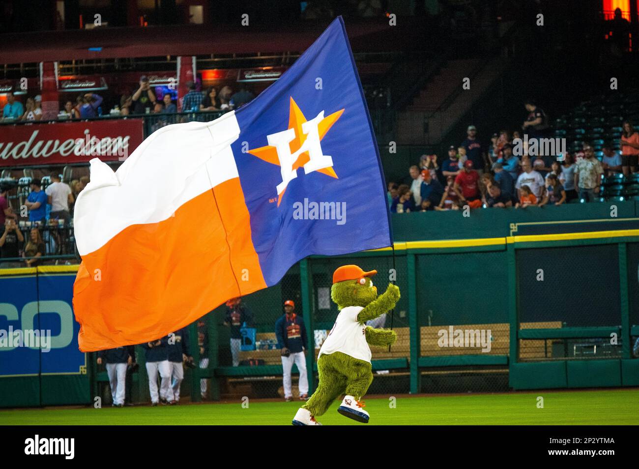 17 May 2015 Houston Astros mascot Orbit waves a flag after the