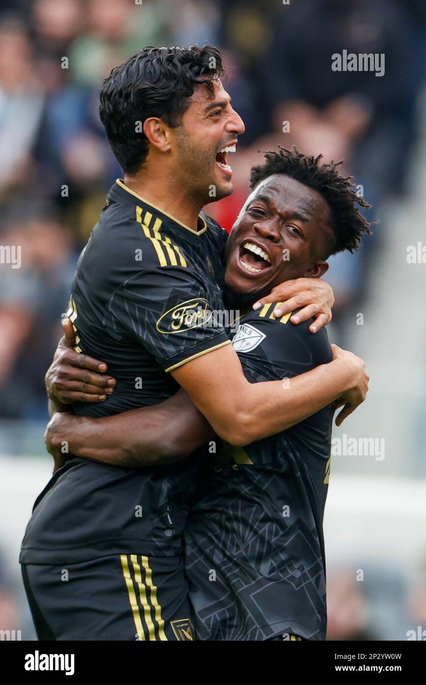 Los Angeles, California, USA. 4th Mar, 2023. Los Angeles FC forwards Kwadwo Opoku (R) celebrates his goal with Carlos Vela (L) during an MLS soccer match against the Portland Timbers Saturday, March 4, 2023, in Los Angeles. (Credit Image: © Ringo Chiu/ZUMA Press Wire) EDITORIAL USAGE ONLY! Not for Commercial USAGE! Stock Photo