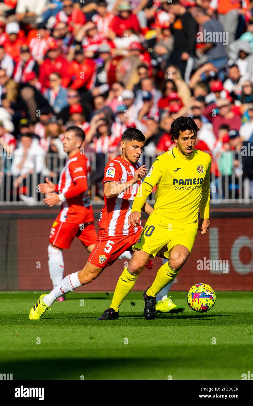 Almeria, Spain. 04th Mar, 2023. Lucas Robertone (L) and Dani Parejo (R) in action during the LaLiga Smartbank 2022/2023 match between UD Almeria and Villarreal CF at Power Horse Stadium. (Final score: UD Almeria 0:2 Villarreal CF). Credit: SOPA Images Limited/Alamy Live News Stock Photo