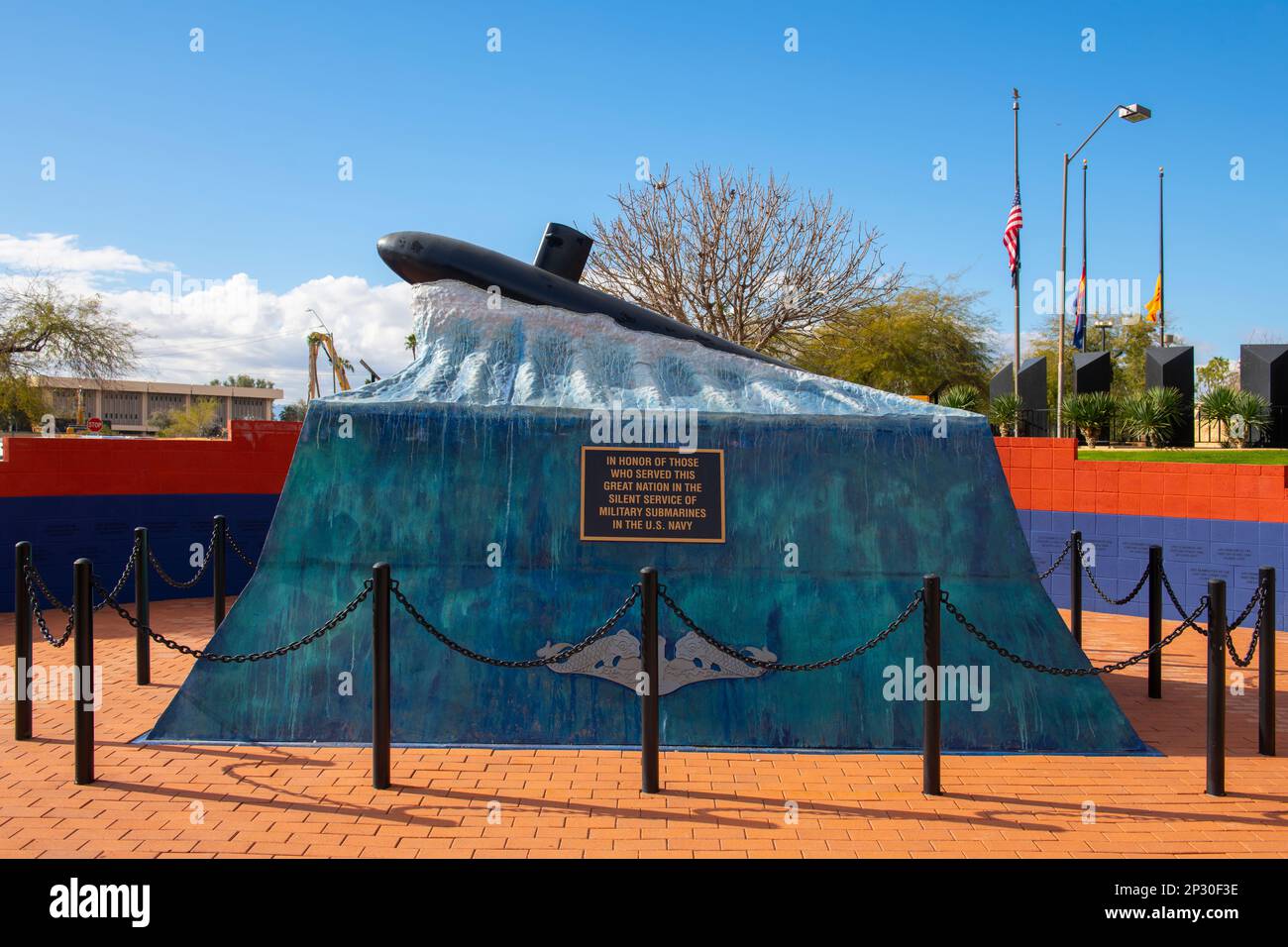 US Navy Submarines Memorial with Arizona State Flag in Wesley Bolin Memorial Plaza in front of Arizona State Capitol building in city of Phoenix, Ariz Stock Photo