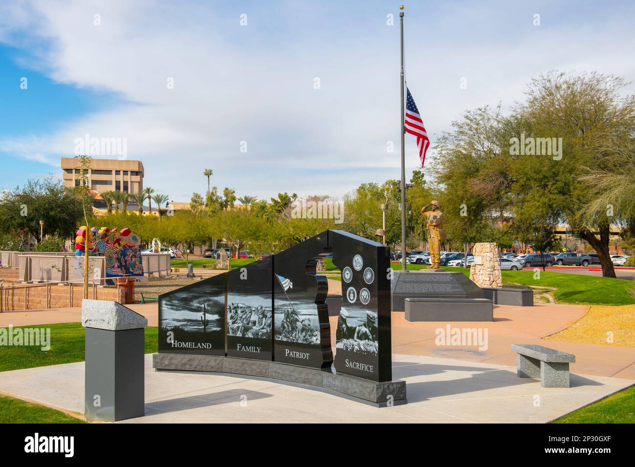 Gold Star Families Memorial with National Flag in Wesley Bolin Memorial Plaza in front of Arizona State Capitol building in city of Phoenix, Arizona A Stock Photo