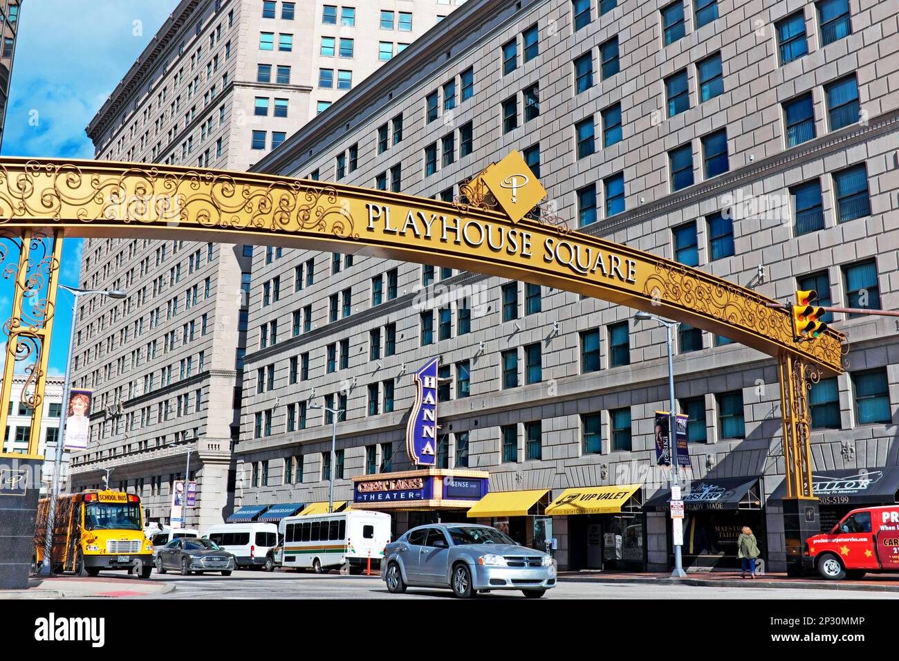 Golden colored retro Playhouse Square outdoor overhead arch at the corner of East 14th Street and Prospect Avenue in Cleveland, Ohio, USA. Stock Photo