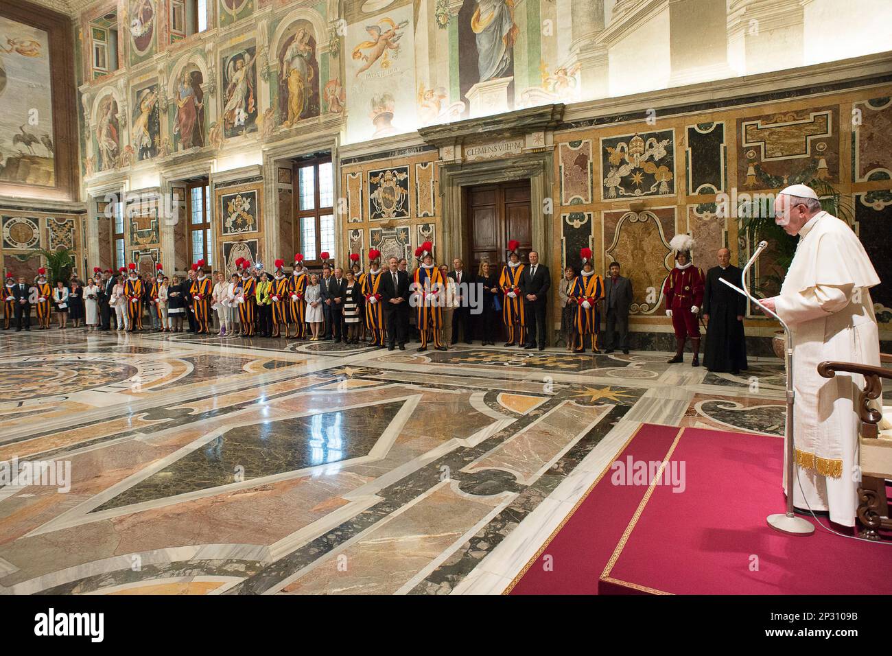 Pope Francis speaks during a meeting with Swiss Guards ahead of ...