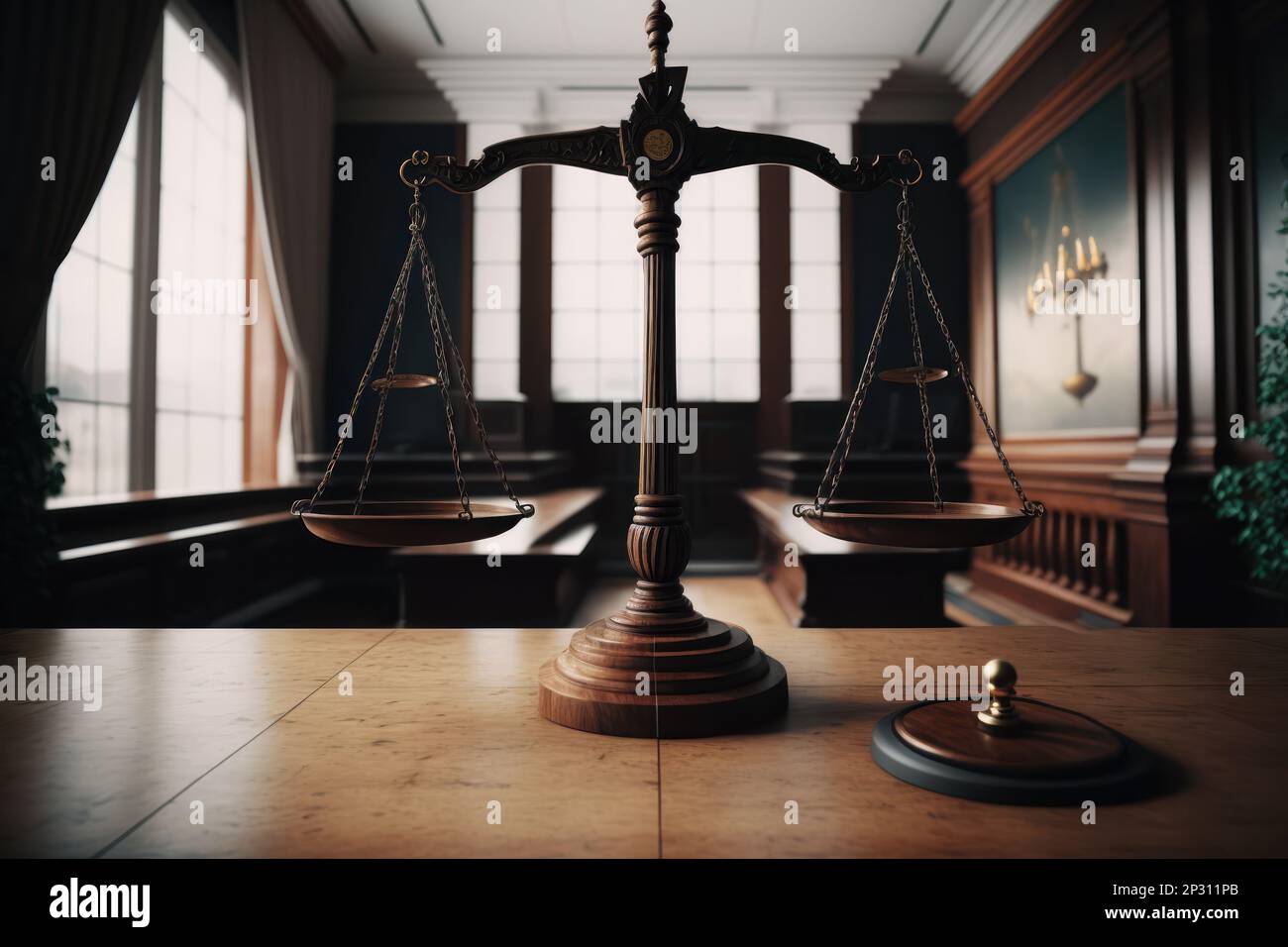 The scales of justice in detail on the table with an empty court of law