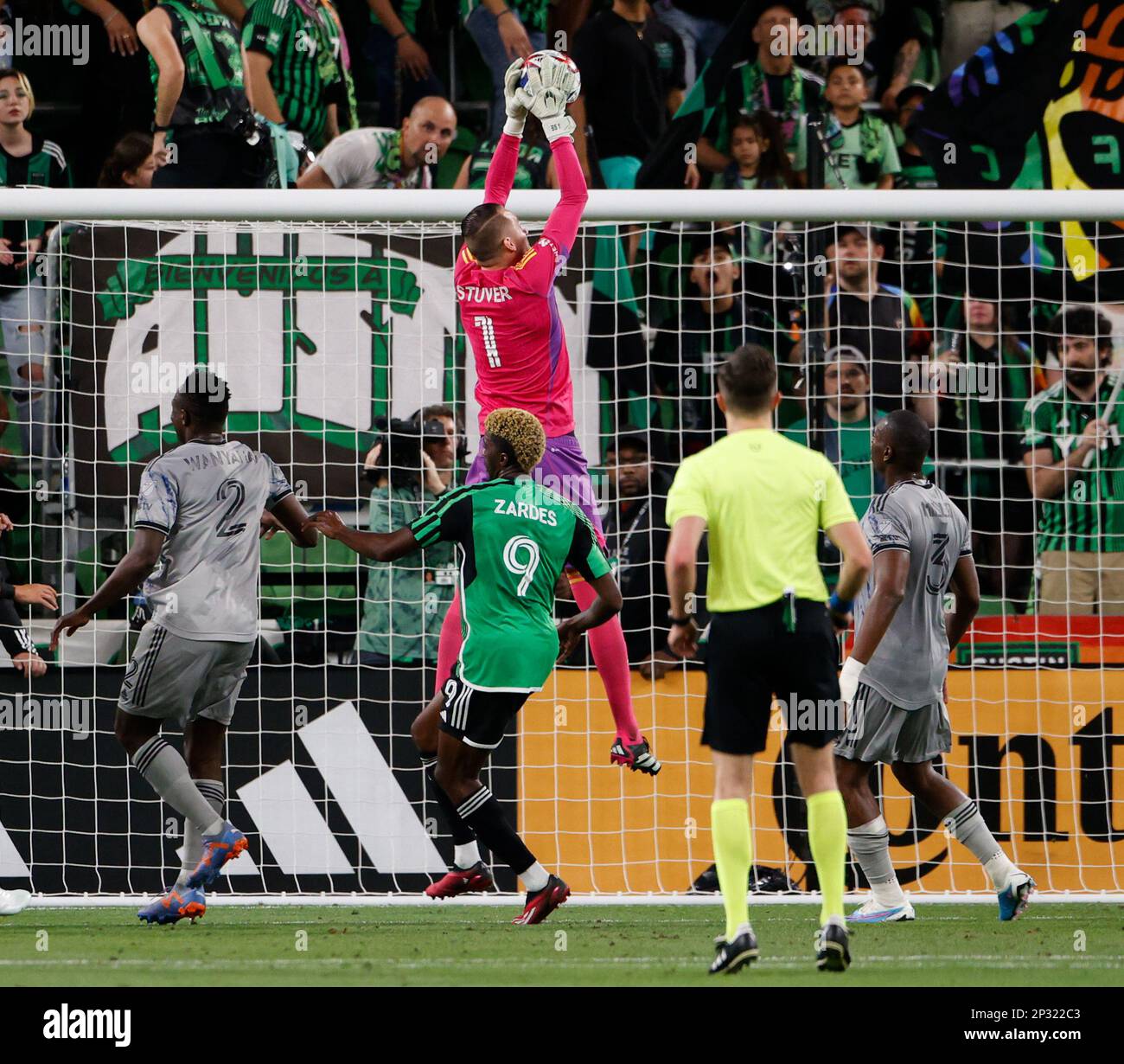 March 4, 2023 Austin FC goalkeeper Brad Stuver (1) leaps to grab the