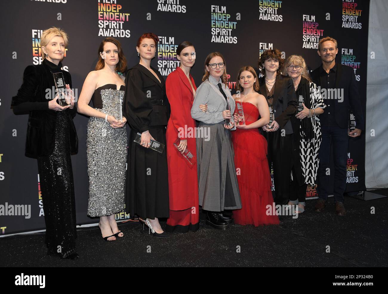 Los Angeles, USA. 04th Mar, 2023. Sheila McCarthy, Claire Foy, Jessie Buckley, Rooney Mara, Sarah Polley, Kate Hallett, Liv McNeil, Judith Ivey and John Buchan, winners of the Robert Altman Award for “Women Talking” pose in the press room during the 2023 Film Independent Spirit Awards on March 04, 2023 in Santa Monica, CA, USA (Photo by Sthanlee B. Mirador/Sipa USA) Credit: Sipa USA/Alamy Live News Stock Photo