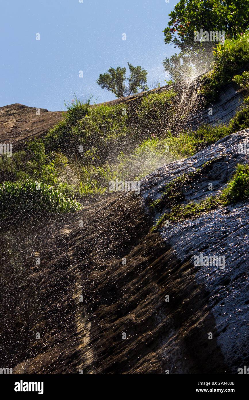 Looking up at droplets from a small seasonal waterfall, in the Tugela