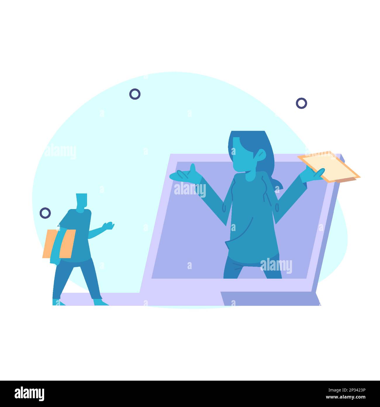 businessman from inside a laptop, giving directions to his client. Online customer service concept. Stock Vector