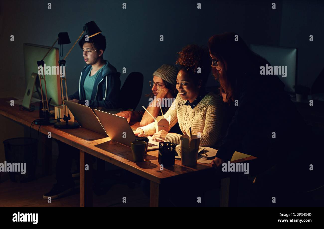 Coworking office, computer reading and team review web design, cloud computing software or app UI system. Website SEO teamwork, media analytics Stock Photo