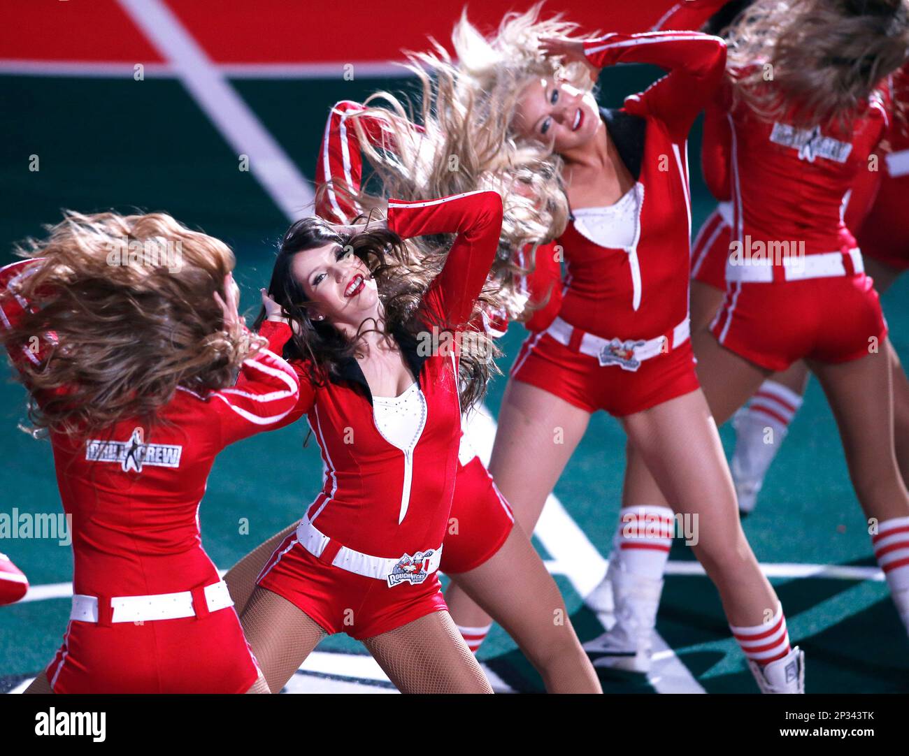 Calgary Roughnecks Drill Crew cheerleaders perform during an NLL (National  Lacrosse League) game between the New England Black Wolves and Calgary  Roughnecks in Calgary, Alberta on Mar. 20, 2015. (AP Photo/Larry MacDougal