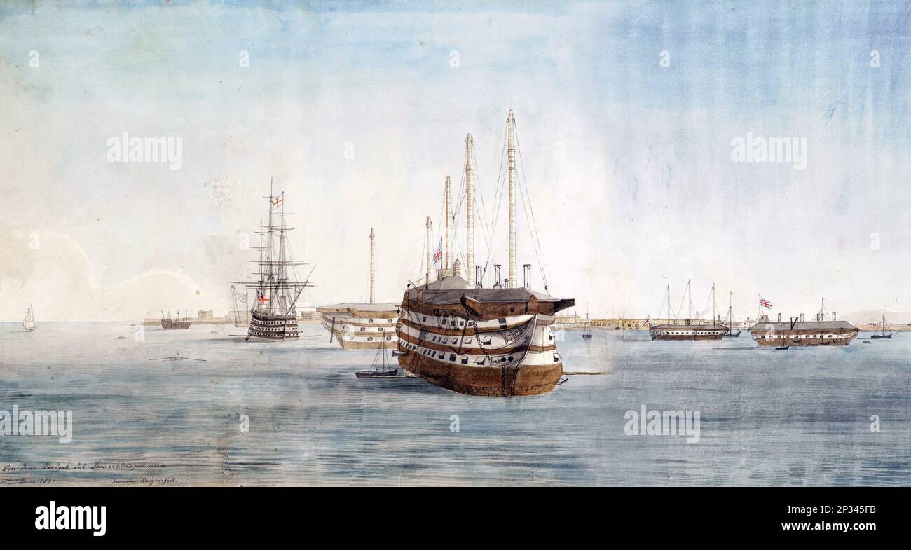 HMS Temeraire in the foreground of the Royal Navy's Sheerness Dockyard, 1831 Stock Photo