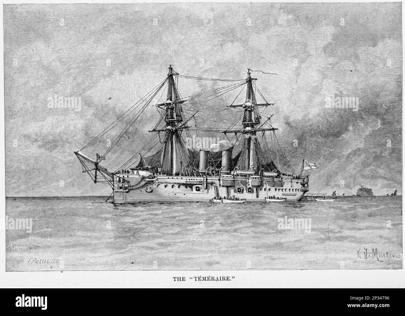 HMS Temeraire, an ironclad battleship of the Victorian Royal Navy which was unique in that she carried her main armament partly in the traditional broadside battery, and partly in barbettes on the upper deck. Stock Photo