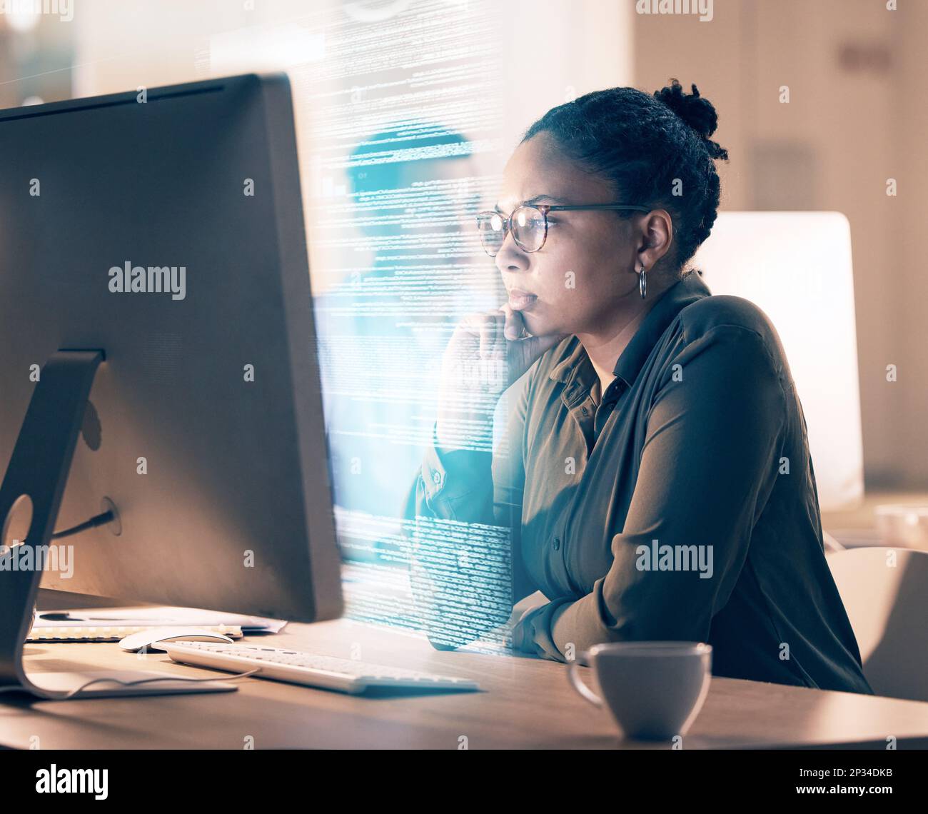 Overlay, programming and code with a black woman developer thinking while working on a ux, ai or 3d interface. Computer, software and data with a Stock Photo