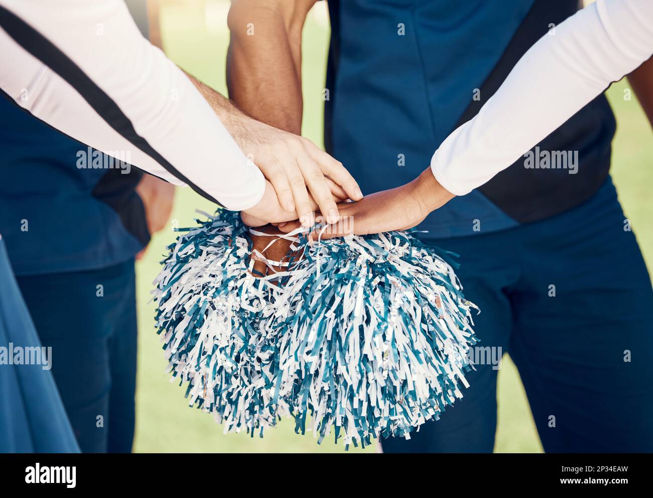 Cheerleader, sports motivation or hands in huddle with support, hope or
