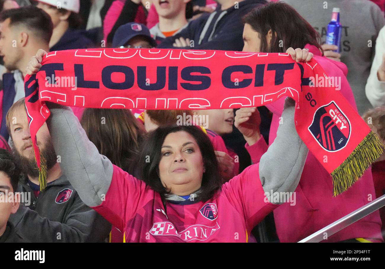 St. Louis, United States. 04th Mar, 2023. A St. Louis City SC fan holds up a scarf before the first game for the new soccer team at City Park, in St. Louis on March 4, 2023. Photo by Bill Greenblatt/UPI Credit: UPI/Alamy Live News Stock Photo