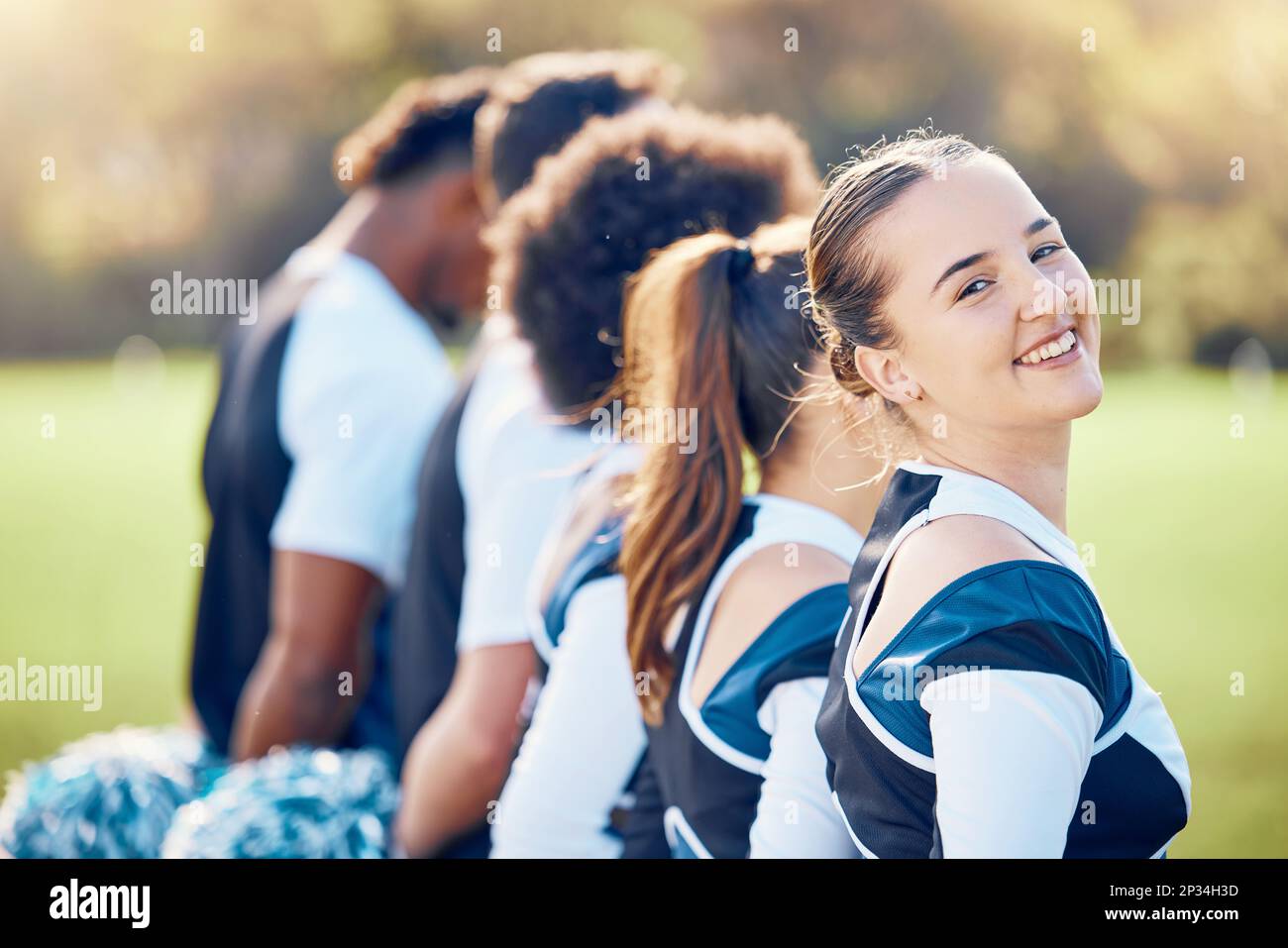 Cheerleader portrait, start or girl cheerleading in huddle with support ...