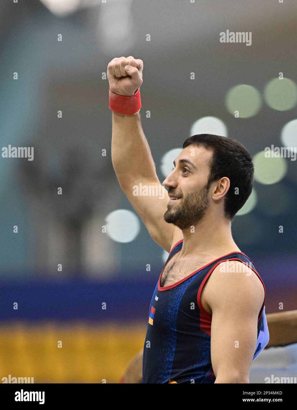 Doha, Qatar. 4th Mar, 2023. Artur Davtyan of Armenia reacts during the men's vault final at the 15th FIG Artistic Gymnastics World Cup in Doha, Qatar, March 4, 2023. Credit: Nikku/Xinhua/Alamy Live News Stock Photo