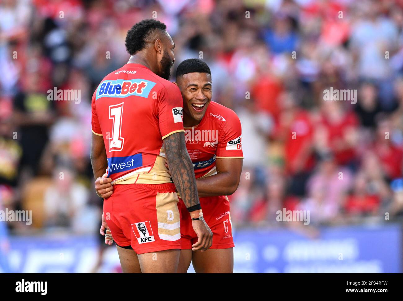 Jamayne Isaako of the Dolphins celebrates a try during the NRL Round 12  match between the Redcliffe Dolphins and the Melbourne Storm at Suncorp  Stadium in Brisbane, Saturday, May 20, 2023. (AAP