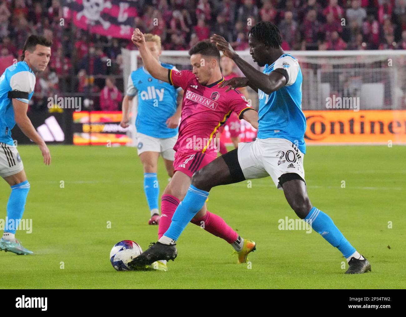 St. Louis, United States. 04th Mar, 2023. St. Louis City SC's Tomas Ostrak (L) battles Charlotte FC's Derrick Jones for the ball in the first half at the Citypark in St. Louis on March 4, 2023. Photo by Bill Greenblatt/UPI Credit: UPI/Alamy Live News Stock Photo