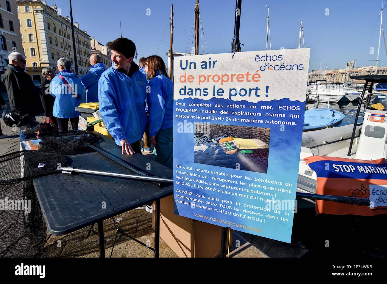 Marseille, France. 04th Mar, 2023. Volunteers from the Échos d'Océans  association hung up a sign explaining how marine vacuum cleaners work,  which can clean a port 24 hours a day. The Échos