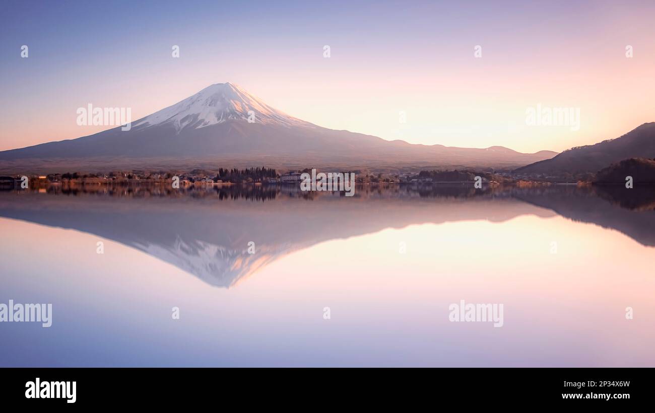Mount Fuji viewed from Kawaguchi lake in evening Japan Stock Photo