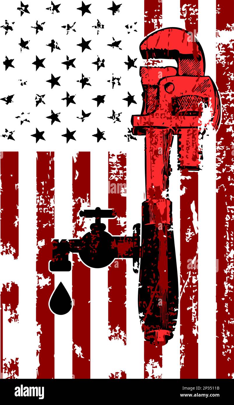 Illustration of an American plumber flag. Wrench viewed from the side and water tap with drop with USA flag Stock Vector