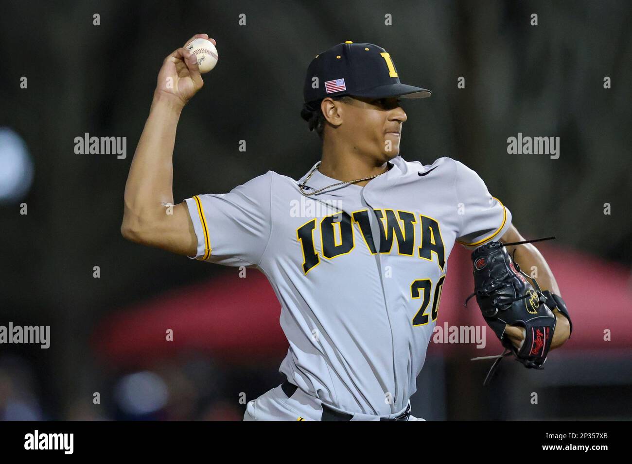 March 04, 2022: Iowa Hawkeyes pitcher Marcus Morgan (20) during a college  baseball game between the Iowa Hawkeyes and South Alabama Jaguars at Stanky  Field in Mobile, Alabama. Bobby McDuffie/CSM (Credit Image: ©