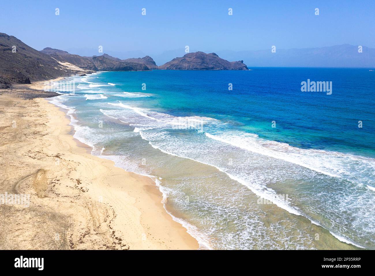 Beautiful, secluded, long sandy beach near Salamansa fishing village on the island of Sao VIcente, Cabo verde archipelago Stock Photo