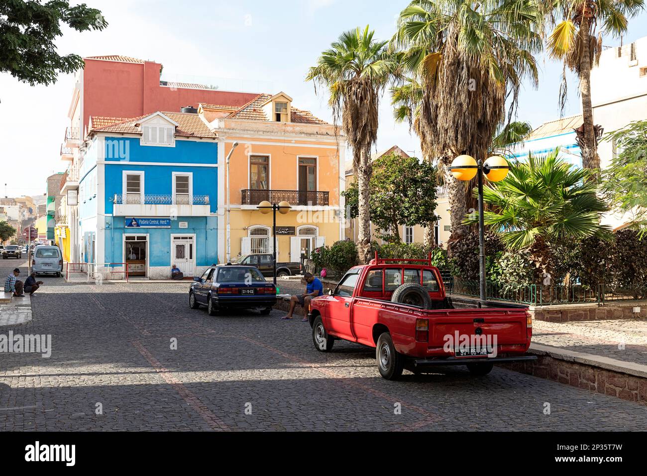 Colourful old streets of Mindelo city with picturesque colonial houses