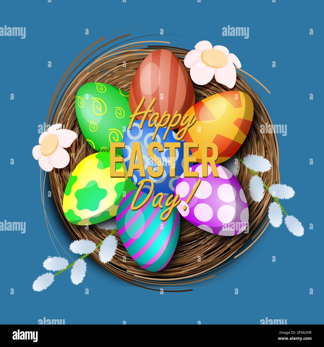 Cute nest with eggs for easter decorated with flowers Stock Vector
