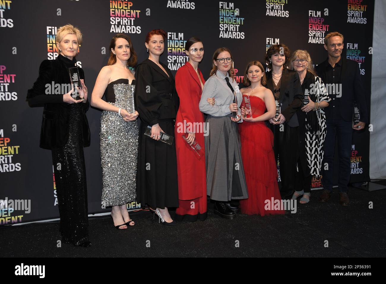 Los Angeles, USA. 04th Mar, 2023. Sheila McCarthy, Claire Foy, Jessie Buckley, Rooney Mara, Sarah Polley, Kate Hallett, Liv McNeil, Judith Ivey and John Buchan, winners of the Robert Altman Award for 'Women Talking' pose in the press room during the 2023 Film Independent Spirit Awards on March 04, 2023 in Santa Monica, CA, USA (Photo by Sthanlee B. Mirador/Sipa USA) Credit: Sipa USA/Alamy Live News Stock Photo