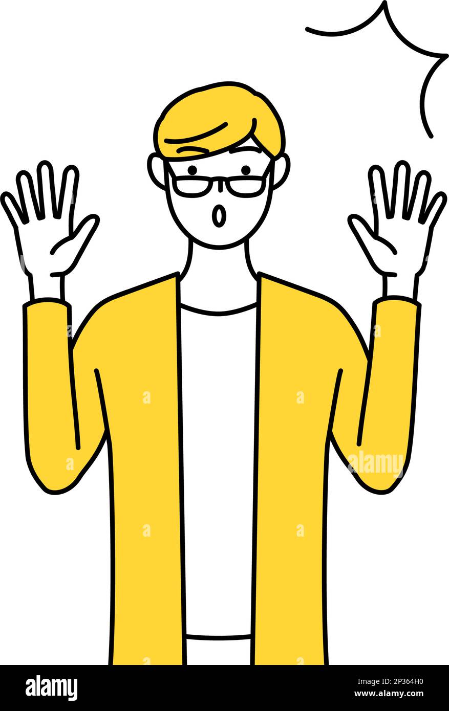 A casually dressed young man raising his hand in surprise, Vector