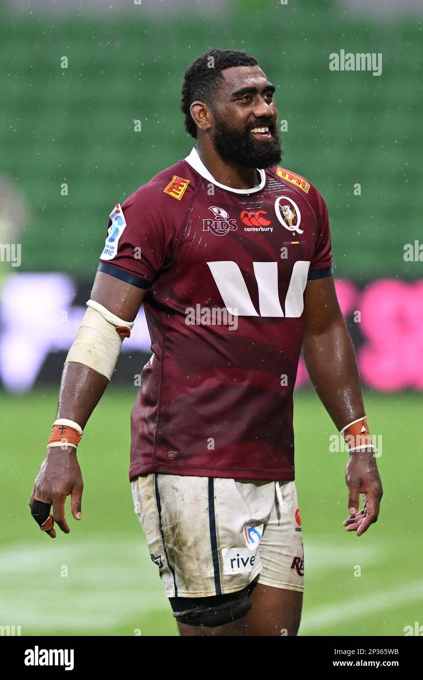 Seru Uru of the Reds is seen after defeating the Force in the Super Rugby Pacific Round 2 match between the Western Force and the Queensland Reds at AAMI Park in Melbourne,