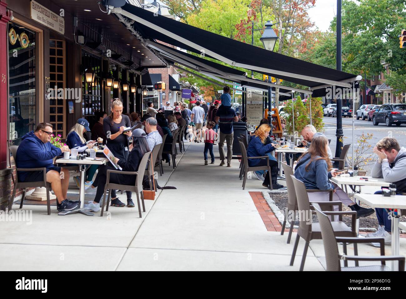 Sidewalk with Restaurants in Haddonfield, New Jersey - USA Stock Photo