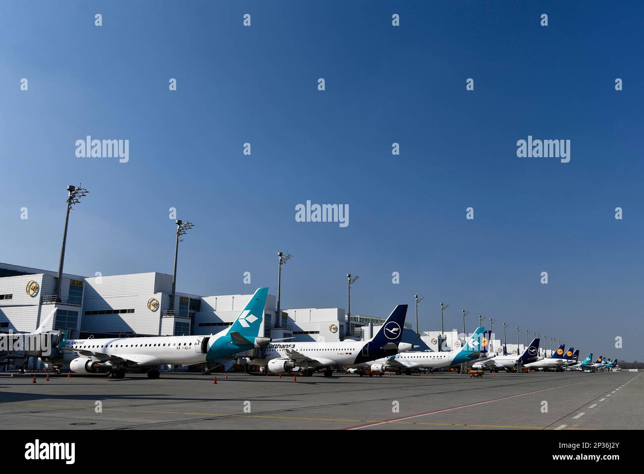 Lufthansa and Air Dolomiti aircraft parked in position at Terminal 2 ...