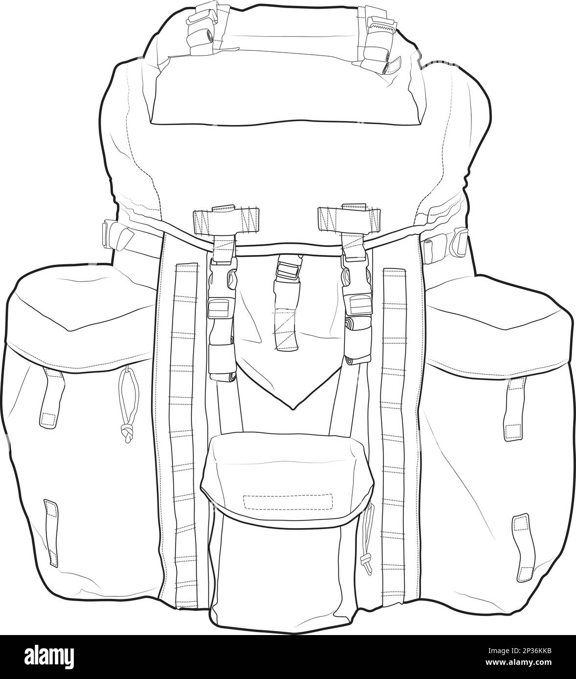 Military backpack outline vector drawing. Very detailed. Fully editable