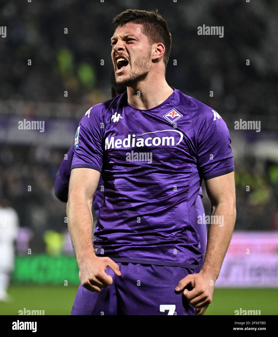 Florence, Italy. 4th Mar, 2022. Fiorentina's Luka Jovic celebrates his goal  during a Serie A football match between Fiorentina and AC Milan in Florence,  Italy, on March 4, 2022. Credit: Alberto Lingria/Xinhua/Alamy