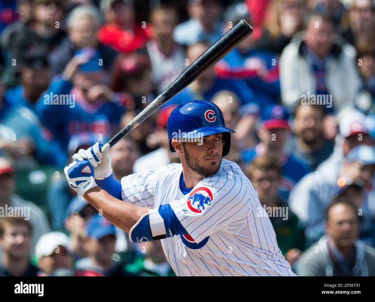 Chicago Cubs first baseman Anthony Rizzo (44) watches the flight of his fly  ball during the third inning against the San Diego Padres at Wrigley Field  in Chicago, Illinois, on Monday, April