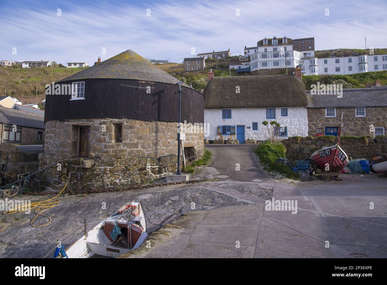 Coastal village with The Roundhouse (old capstan house), Sennen Cove