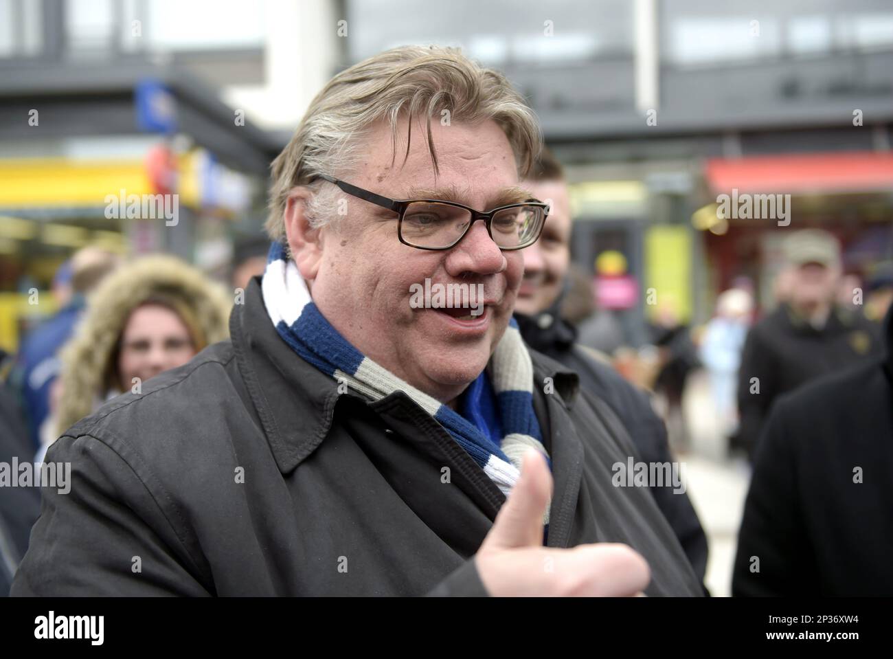 Chairman Timo Soini of the Finns Party campaigns in Vantaa, Finland,  Saturday, April 18, 2015, ahead of the parliamentary elections on Sunday.  Sunday's election comes against the backdrop of a three-year recession