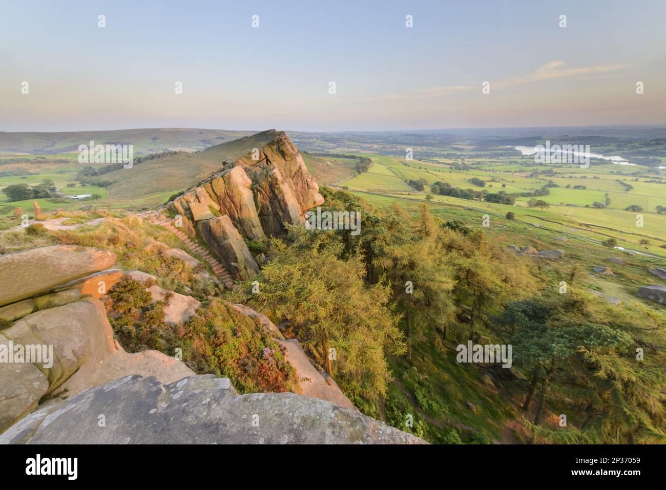 View from the Roaches Estate towards Hen Cloud, Peak District N. P. Staffordshire, England, August, of the Gritstone escarpment in the evening Stock Photo